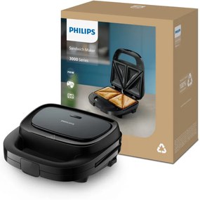 Toaster pentru sandvișuri Philips HD2331/90 Seria 3000, 750 W, Pentru până la 2 felii/4 sandvișuri triunghiulare, Plăci din aluminiu neaderente, Negru