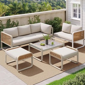 Set de lounge pentru grădină pentru 6-7 persoane, mobilier din ratan cu cadru din fier galvanizat și picioare reglabile, inclusiv perne pentru șezut și spate, Bej