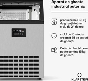 Klarstein Mașină de gheață industrială Glacial, 55 kg, cu afișaj LED și fereastră.