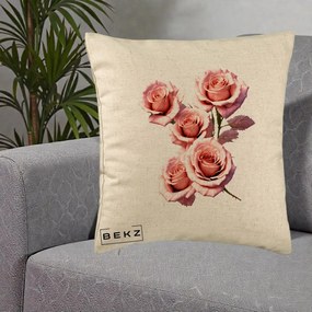 Perna Decorativa Trandafiri Roz Pastel Acuarela, 40x40 cm, Bej, Husa Detasabila, Perna Inclusa, BEKZ®