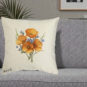 Perna Decorativa Maci Portocalii cu Floricele Albastre, 40x40 cm, Ecru, Husa Detasabila, Perna Inclusa, BEKZ®