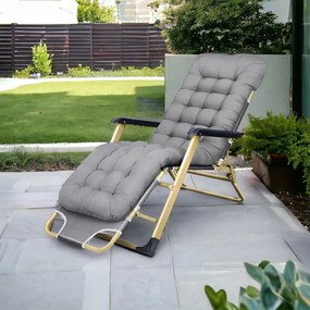 Șezlong de grădină auriu cu pernă în culoarea gri