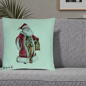 Perna Decorativa Mos Craciun Vintage cu Felinar, 40x40 cm, Verde Menta, Husa Detasabila, Perna Inclusa, BEKZ®