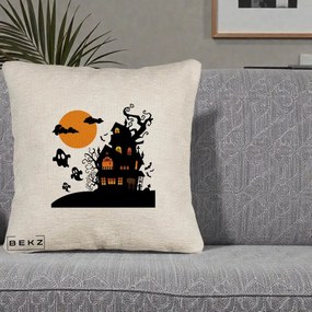 Perna Decorativa Halloween Casa Bantuita cu Fantome, 40x40 cm, Bej Canapea, Husa Detasabila, Perna Inclusa, BEKZ®