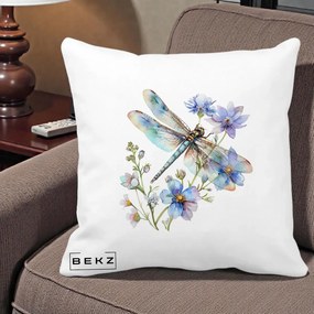 Perna Decorativa Libelula Acuarela Flori Albastre, 40x40 cm, Alba Mata, Husa Detasabila, Perna Inclusa, BEKZ®