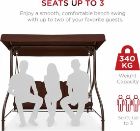 Leagan de grădină, șezlong tip pat, 3 locuri, copertina reglabila, cadru otel, 194x120x173 cm, Maro