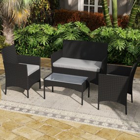 Outsunny Set mobilier de grădină exterior 4 persoane din rășină împletită cu canapele și măsuță din sticlă securizată perne incluse gri | Aosom Romania