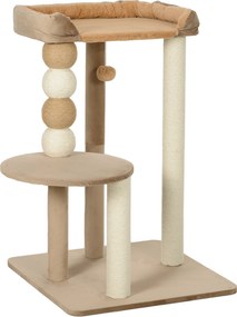 PawHut Pom de zgârieturi cu 2 etaje, minge de joc, stâlpi de zgârieturi, bile de zgârieturi, până la 7 kg, 56 x 54 x 86 cm, Maro | Aosom Romania