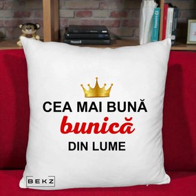 Cadou pentru Bunica - Perna Personalizata Cea Mai Buna Bunica Din Lume Coroana Aurie, 40x40 cm, Alb Pufos, Husa Detasabila, Perna Inclusa, BEKZ®