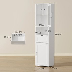 HOMCOM Mobilier de Baie Slim cu Dulapuri și Ușă din Sticlă, Mobilier Economizitor de Spațiu cu Raft Deschis, Sertar și Rafturi Ajustabile, Coloană Modernă, 40x30x165 cm, Alb | Aosom Romania