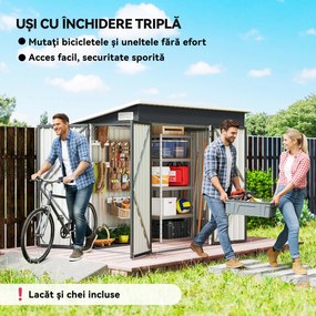 Outsunny Șopron de Grădină 2.68m² din Oțel Galvanizat cu 3 Uși Blocabile, Șopron cu Guri de Aerisire, Acoperiș Înclinat și Mănuși, Depozitare Unelte, 234x132x185 cm, Gri Închis | Aosom Romania