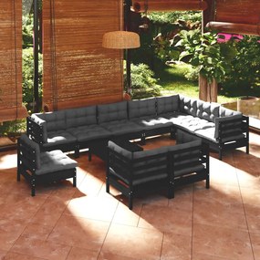 3096789 vidaXL Set mobilier grădină cu perne, 11 piese, negru, lemn masiv pin