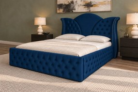 Pat tapițat Chesterfield din catifea Velora Deluxe Classic 160×200 cm, bleumarin, cu ladă de depozitare