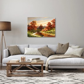 Tablou pe sticlă - Râu în peisaj de toamnă (70x50 cm)