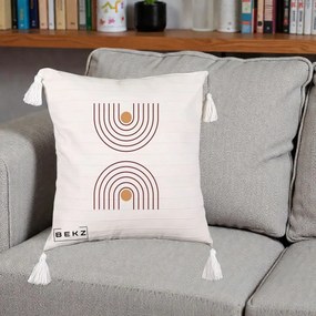 Perna Decorativa Geometric Boho Arc, 40x40 cm, Bej cu Franjuri, Husa Detasabila, Perna Inclusa, BEKZ®