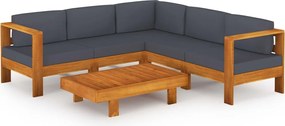 vidaXL Set mobilier grădină perne, gri închis, 6 piese, lemn acacia