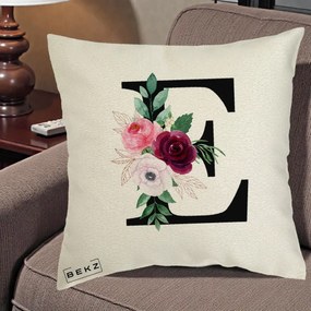 Cadou Personalizat - Perna Personalizata Monograma Florala Litera E, 40x40 cm, Ecru, Husa Detasabila, Perna Inclusa, BEKZ®