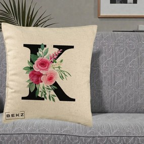 Cadou Personalizat - Perna Personalizata Monograma Florala Litera K, 40x40 cm, Bej, Husa Detasabila, Perna Inclusa, BEKZ®