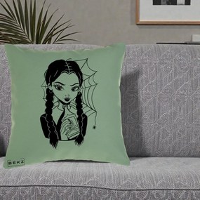 Perna Personalizata Wednesday cu Panza de Paianjen, 40x40 cm, Verde, Husa Detasabila, Perna Inclusa, BEKZ®