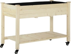Outsunny Pat Grădină Legume Înălțat Lemn cu Roți, Jardiniera Înălțată cu Raft Inferior, 118x55x83cm, Natural | Aosom Romania