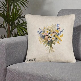 Perna Decorativa Buchet Camp Acuarela Margarete-Lavanda, 40x40 cm, Bej Canapea, Husa Detasabila, Perna Inclusa, BEKZ®