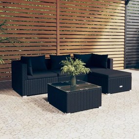 Set mobilier de gradina cu perne, 5 piese, negru, poliratan Negru, 2x colt + mijloc + suport pentru picioare + masa, 1
