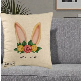 Perna Decorativa Iepuras Flori Urechi Pastelui, 40x40 cm, Bej, Husa Detasabila, Perna Inclusa, BEKZ®