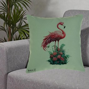 Perna Decorativa Flamingo cu Trandafiri Tropicali, 40x40 cm, Verde, Husa Detasabila, Perna Inclusa, BEKZ®