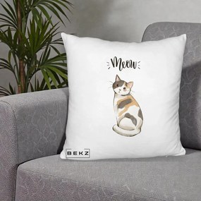 Perna Personalizata Pisica Meow Acuarela, 40x40 cm, Alb Pufos, Husa Detasabila, Perna Inclusa, BEKZ®