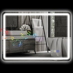 HOMCOM Oglindă de Baie cu LED 70x50 cm cu Bluetooth 3 Culori de Lumină Ceas Digital Funcție Antighear Funcție de Memorie | Aosom Romania