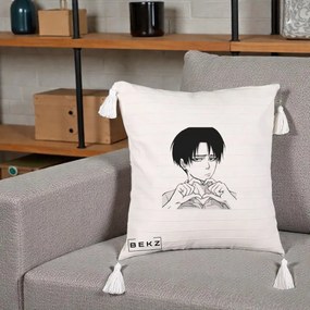Perna Personalizata Levi Ackerman Inima, 40x40 cm, Bej cu Franjuri, Husa Detasabila, Perna Inclusa, BEKZ®