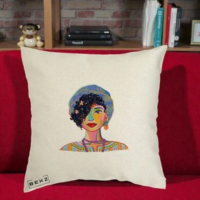 Perna Decorativa Portret Femeie Etnic Colorat, 40x40 cm, Ecru, Husa Detasabila, Perna Inclusa, BEKZ®