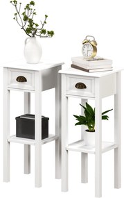 HOMCOM Set de 2 măsuțe laterale Masă de noptieră stil sofisticat cu sertar, etajeră inferioară, 30 x 30 x 75 cm, alb | Aosom Romania