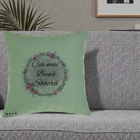 Cadou pentru Soacra - Perna Personalizata Cea mai Buna Soacra cu Coronita Flori Roz si Mov, 40x40 cm, Verde, Husa Detasabila, Perna Inclusa, BEKZ®