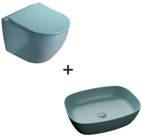 Set vas wc rimless cu capac soft close plus lavoar baie cu margini rotunjite verde turcoaz mat