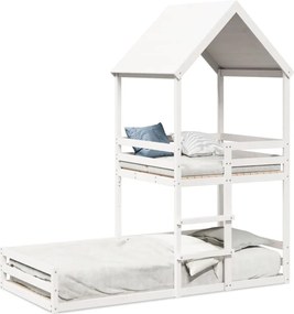 vidaXL Pat supraetajat cu acoperiș, alb, 90x200 cm, lemn masiv de pin