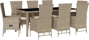 vidaXL Set de masă pentru grădină, 9 piese, cu perne, bej, poliratan