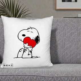Perna Personalizata Snoopy cu Inima, 40x40 cm, Alb Pufos, Husa Detasabila, Perna Inclusa, BEKZ®
