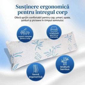 Perna pentru corp memory foam cu husa bambus racoritoare, 40x110 cm, Alb/Verde