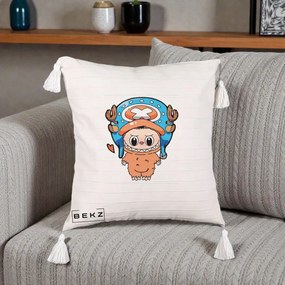 Perna Personalizata Labubu x Tony Tony Chopper, 40x40 cm, Bej cu Franjuri, Husa Detasabila, Perna Inclusa, BEKZ®