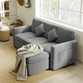 HOMCOM Divan 3 Locuri cu Pouf de Depozitare din Velur cu Nervuri 196x139x85 cm, Gri | Aosom Romania