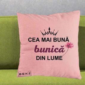Cadou pentru Bunica - Perna Personalizata Cea Mai Buna Bunica Din Lume Coroana Mov Floare Roz, 40x40 cm, Roz, Husa Detasabila, Perna Inclusa, BEKZ®