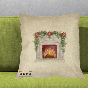 Perna Decorativa Semineu de Craciun Watercolor, 40x40 cm, Crem, Husa Detasabila, Perna Inclusa, BEKZ®