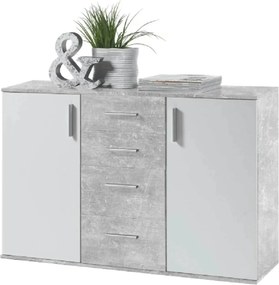 Comoda POPPY 5, alb/gri ciment, PAL melaminat, 120x35x82 cm