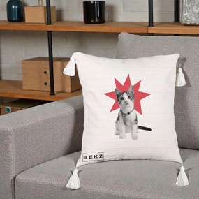 Perna Decorativa Pisica Star Pop Art, 40x40 cm, Bej cu Franjuri, Husa Detasabila, Perna Inclusa, BEKZ®