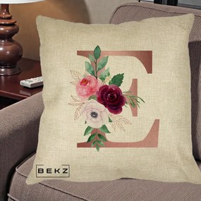 Cadou Personalizat - Perna Personalizata Monograma Rose Gold Litera E, 40x40 cm, Crem, Husa Detasabila, Perna Inclusa, BEKZ®