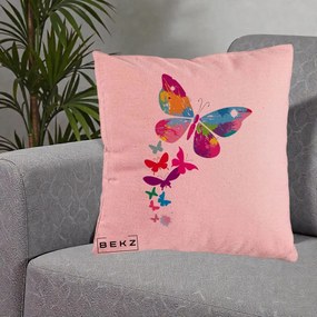Perna Decorativa Fluturi Splash, 40x40 cm, Roz, Husa Detasabila, Perna Inclusa, BEKZ®