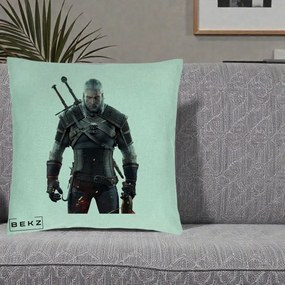 Perna Personalizata The Witcher Geralt of Rivia Portret, 40x40 cm, Verde Menta, Husa Detasabila, Perna Inclusa, BEKZ®