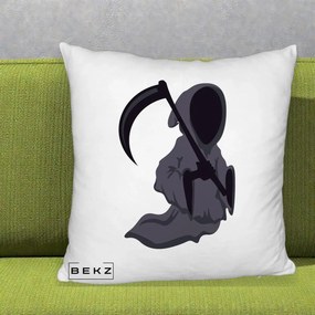 Perna Decorativa Moartea cu Coasa Grim Reaper Halloween, 40x40 cm, Alb Pufos, Husa Detasabila, Perna Inclusa, BEKZ®