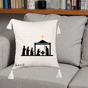 Perna Decorativa Nasterea Pruncului Silueta Neagra si Stea Aurie, 40x40 cm, Bej cu Franjuri, Husa Detasabila, Perna Inclusa, BEKZ®